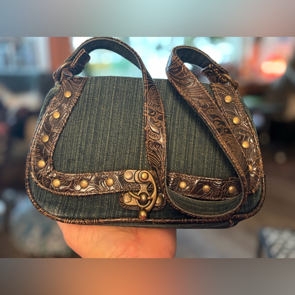 Vintage Boho Blue Denim Crossbody Bag Embossed Leather Trim Western Festival